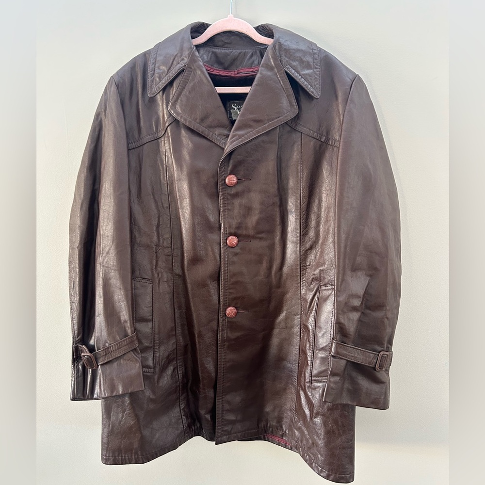 Sears Vintage Brown Leather Faux Shearling Removable Lining Notched Lapel Coat - Picture 2 of 9